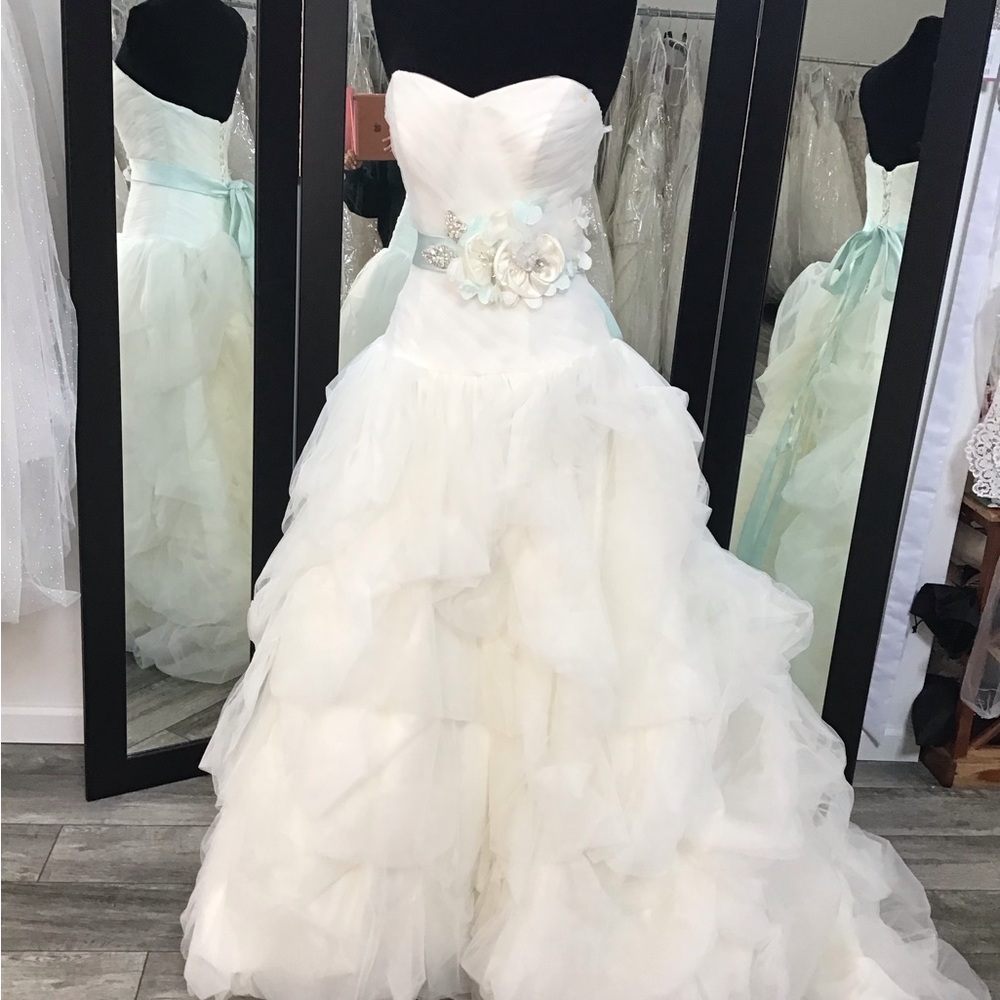 Ivory Strapless Ruffled Ballgown with Mint Sash